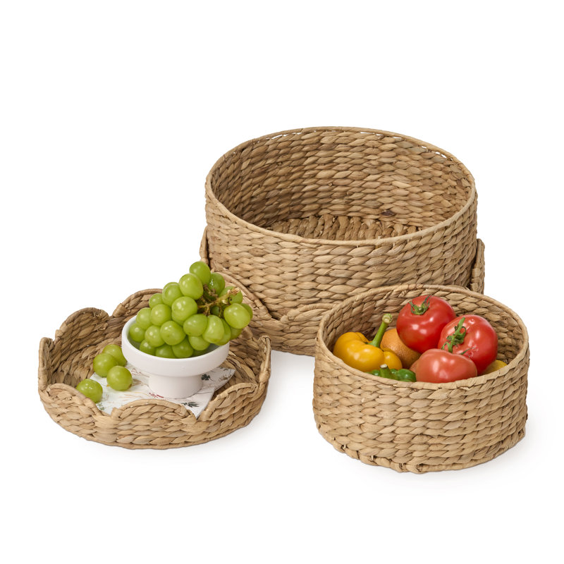 Abercromby Nivora Water Hyacinth Storage Basket Set of 2 - 13.7 and 11 Inches Scallop Edge Woven Organizer for Nursery Diapers, Bathroom Linens, or Laundry Sorting
