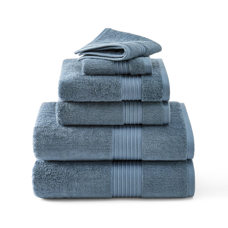 TOWN & COUNTRY EVERYDAY 6-Piece Assorted Solid Dobby Border Set, 2 Bath, 2 Hand, 2 Wash, 100% Cotton, Blue