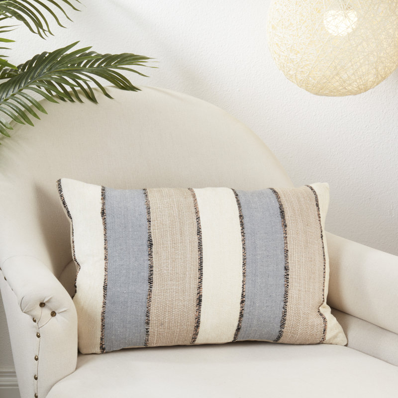 Contemporary Striped Cotton Throw Pillow Cover, 16"x24", Beige and Gray