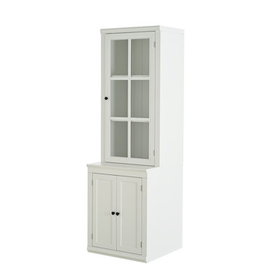 75.25'' Tall Farmhouse Freestanding Pantry Cabinet with Tempered Glass Door & Lattice Window, White Double-Action Door Storage Hutch for Kitchen, Living Room & Office