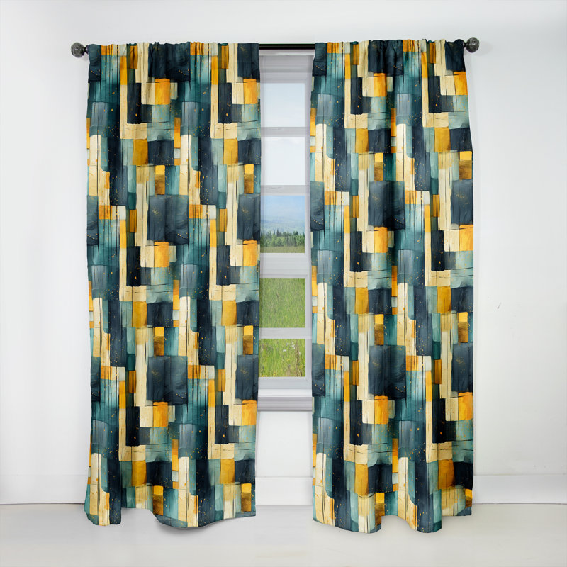 Panneaux de rideaux géométriques abstraits - jaune et bleu sarcelle, L 52 po x L 84 po