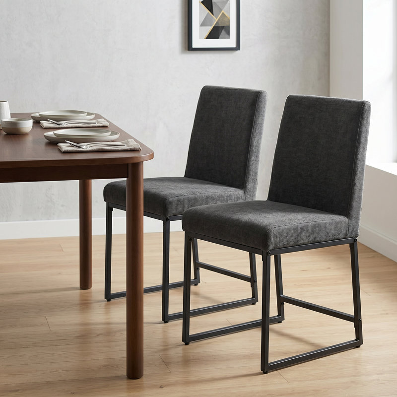 Bralan Set of 2 Upholstered Dining Chairs with Black Metal Frame, Dark Grey