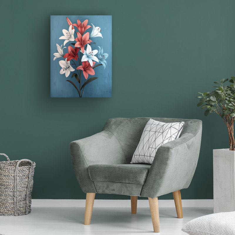 Œuvre sur toile, bolognaise, rose et bleu, lis Momard, H 24 po x l 32 po