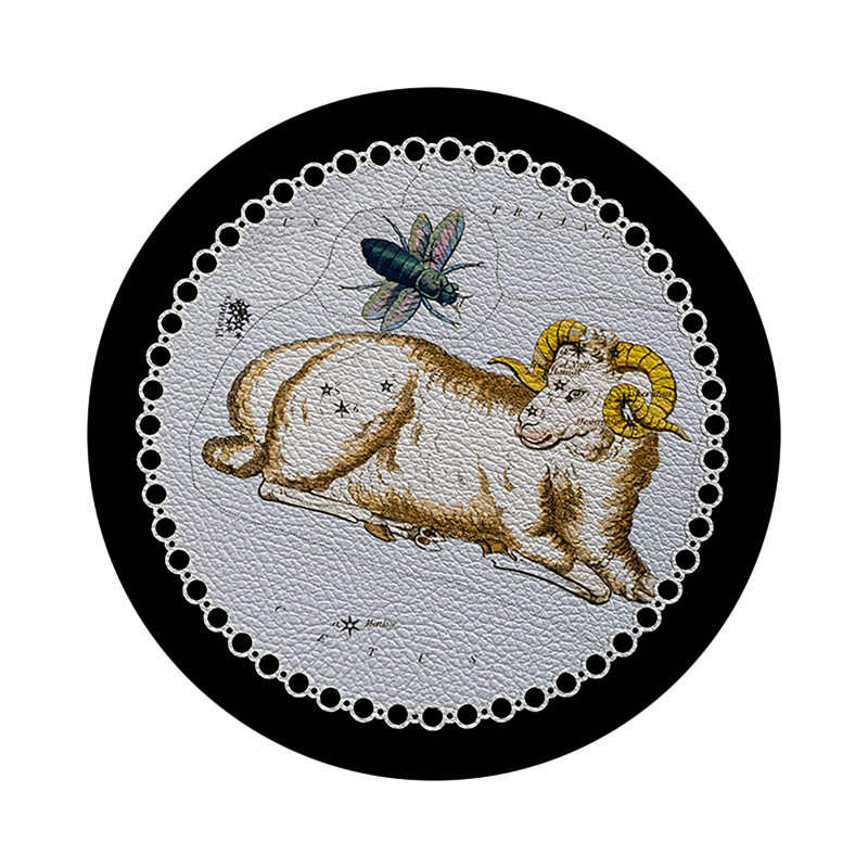 Zodiac Aries Vegan Leather Round Pebble Placemat, Black