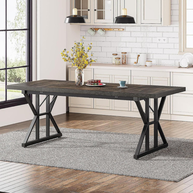 71" Farmhouse Dining Table For 6, Rustic Rectangular Kitchen Table With X-Trestle Metal Legs, Wood Top Dinner Table For Dining Room, Rustic Black