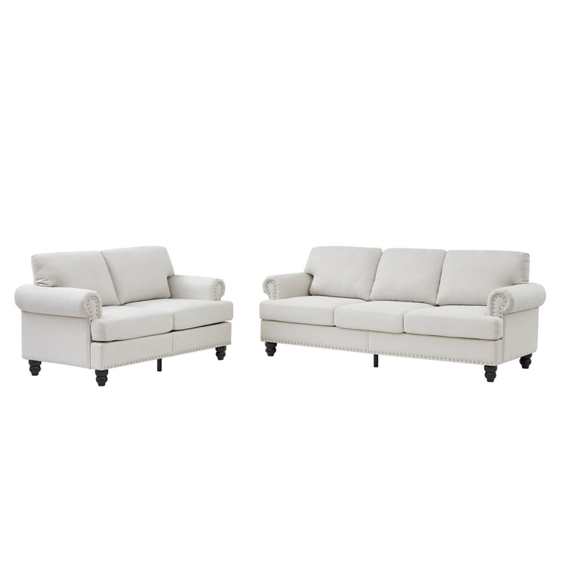Canapé de salon moderne en polyester 2 + 3 places - canapé de salon avec accoudoirs ronds et garniture cloutée argentée (beige)