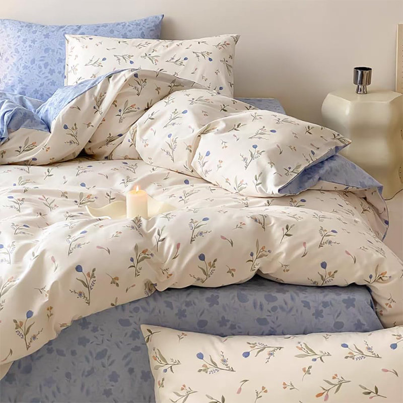 Blue Floral Duvet Cover Set Botanical Flower White Bedding Comforter Cover Set, King Duvet Cover + 2 Standard Pillowcases