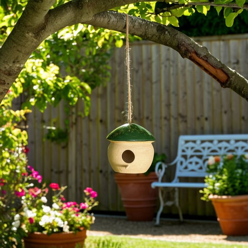 Ceramic Charm: Invite Joy With a Chic Bird Feeder, 7" H x 5" W x 5" D, Green