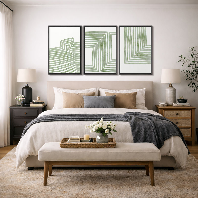 «Lin», art géométrique linéaire rayé vert doux, images murales minimalistes abstraites biologiques modernes, impression sur toile encadrée, 3 pièces, art mural: 16 po x 24 po x 3 pièces, 24 po x 36 po x 3 pièces