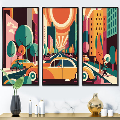 «Colorful Cityscape Cars I», reproduction sur toile 3 pièces