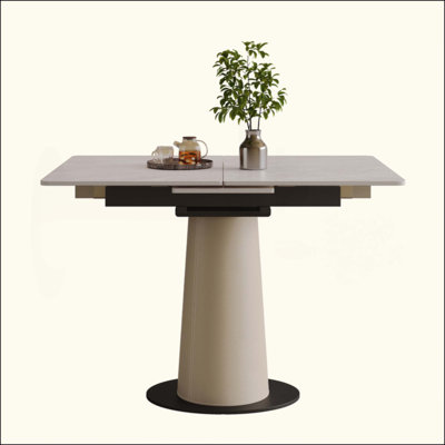Table de salle à manger rétractable à dalle de roche pliante, table carrée extensible moderne avec base en acier inoxydable revêtue de cuir, table de cuisine à double usage pour les petits appartements