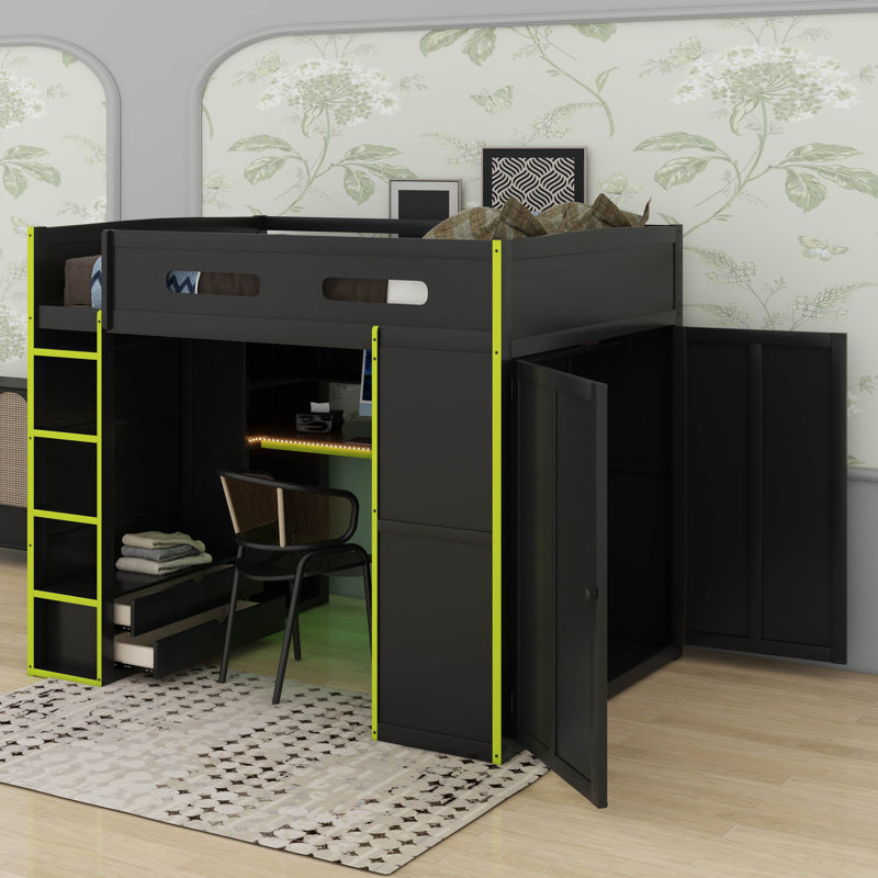 Lit mezzanine double en bois avec bureau, garde-robe, grand espace de rangement et lumière DEL RVB, Vert
