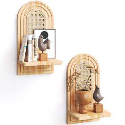 Étagères murales en rotin naturel 2 pièces, tablettes flottantes arquées Boho de 7 po, rangement mural en osier rustique pour plantes et figurines, décor de salon, de chambre de bébé et de chambre à coucher