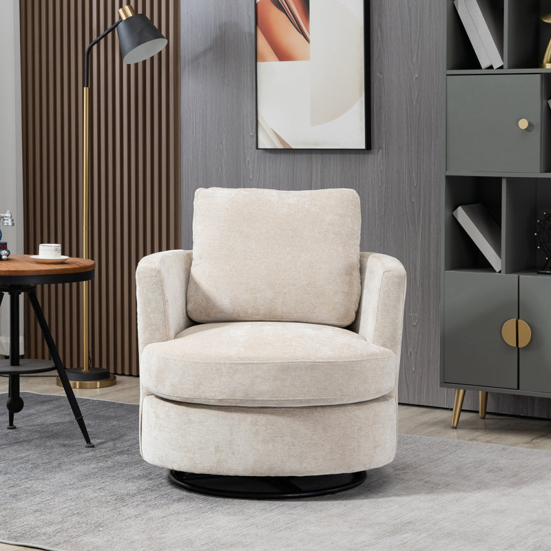 Zarren Upholstered Slipcovered Swivel Barrel Chair, Beige Chenille