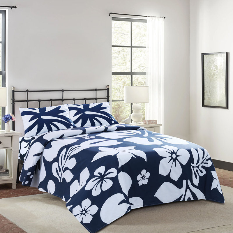 Floral Sheet Set 100% Cotton Bedsheets Fade Resistant Wrinkle Free Bed Sheet Set, Navy Floral