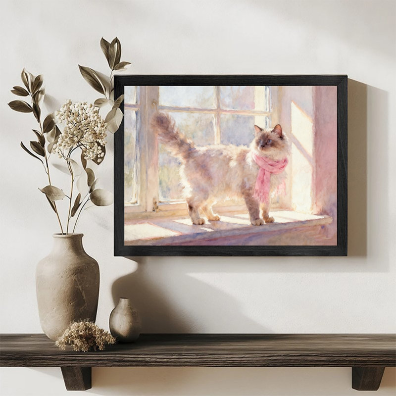 Reproduction d'art encadré noir avec chat rétro sous le soleil, H 25 po x l 37 po
