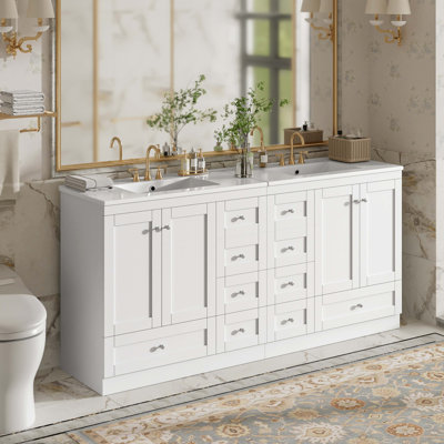 Meuble-lavabo autoportant de 72 po avec lavabo en céramique, tiroirs et portes à fermeture en douceur, design minimaliste moderne, grand espace de rangement