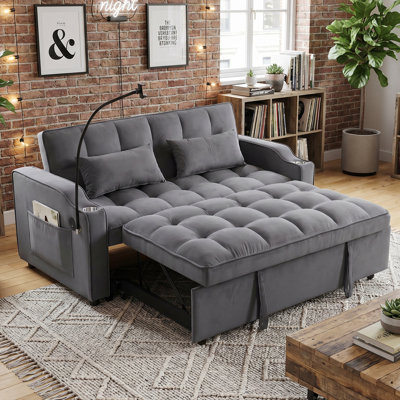 Causeuse de canapé 54,7 po moderne en velours avec lit escamotable, charge USB, dossier inclinable réglable, support pour téléphone