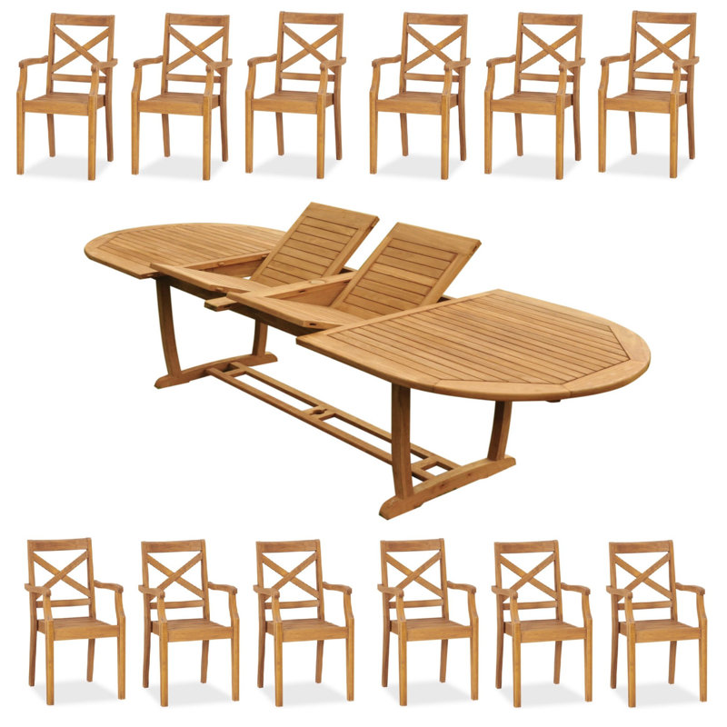 8 Seats 9 Pcs Grade-A Teak Wood Dining Set: 118" Double Extension Mas Oval Trestle Leg Table And 8 Granada Stacking Arm Chairs #11GR2708