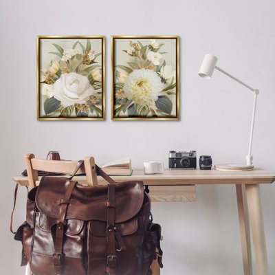 Soft Neutral Dahlia & Rose 2 Piece Gold Framed Floater Canvas Set, design by House Fenway