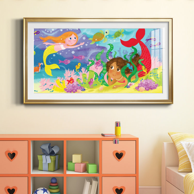 «Mermaid Play III», reproduction d'art encadrée de qualité supérieure, prête à être accrochée, Cadre doré