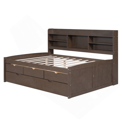 Wooden Captain Bed with Built-in Bookshelves,Three Storage Drawers and Trundle