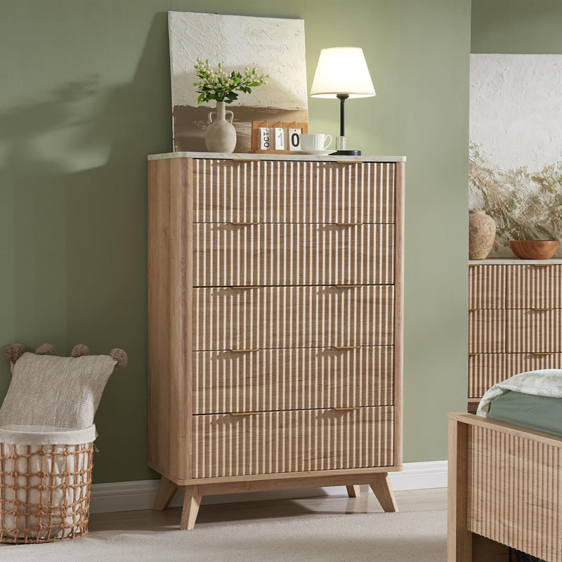 Siyuan Fluted Design 5-Drawers Dresser Organizer, Wood Tall Chest of Drawers