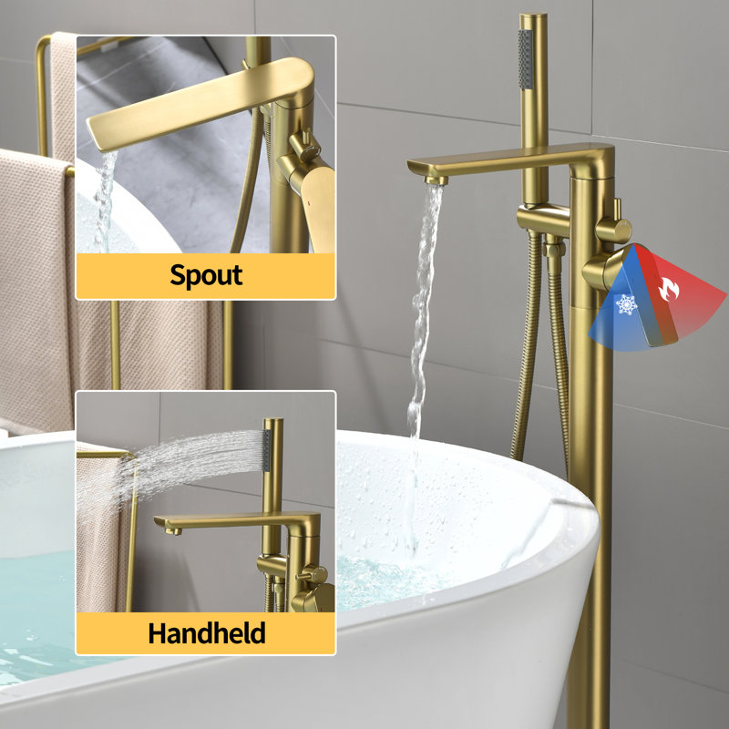 1-Handle Freestanding Floor Mount Roman Industrial Style Tub Faucet Bathtub Filler With Hand Shower, Brushed Gold
