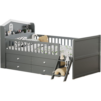 Gray Platform Twin Bed Frame With 4 Storage Drawers, Guardrail, Headboard, And Shelf, For ' Secure Sleep, Easy To Put Up Peaceful Setup
