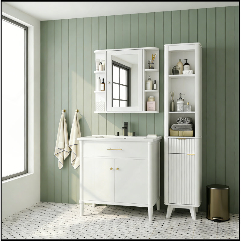 Bathroom Wall Storage Cabinet With Mirror, Medicine Cabinet With Adjustable Wood Shelf & Doors, Mounted Storage Cabinets With 6 Open Shelves, White