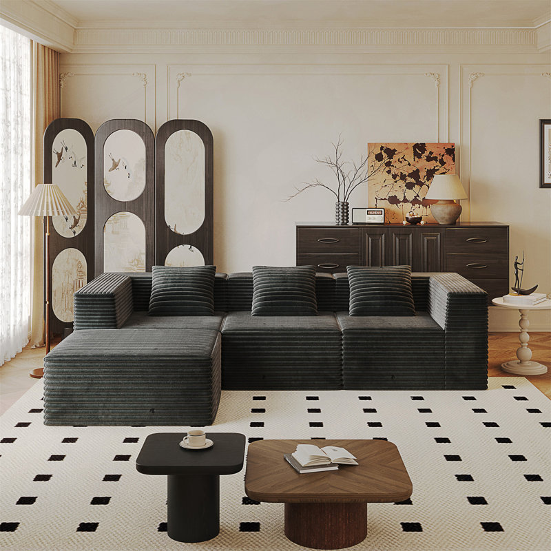 Modular Sectional Couch, Boneless Sofa With Deep Seat, High Density Memory Foam, Compression Sofa, Gray Corduroy