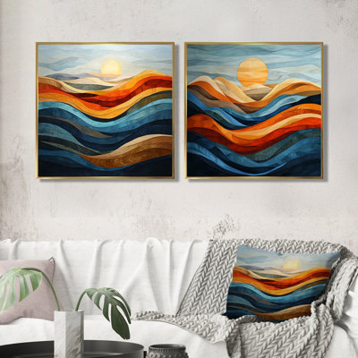 «Blue Orange Bold Mountains Landscape at Sunset I», art mural abstrait - ensemble d'art mural moderne 2 pièces