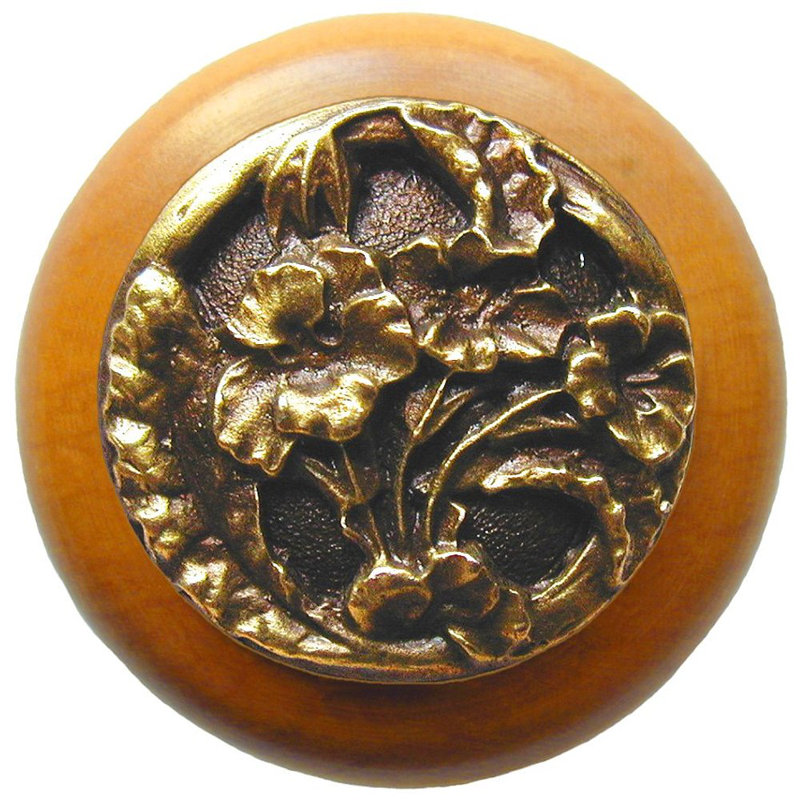 Floral Mushroom Knob, Antique Brass / Maple Wood