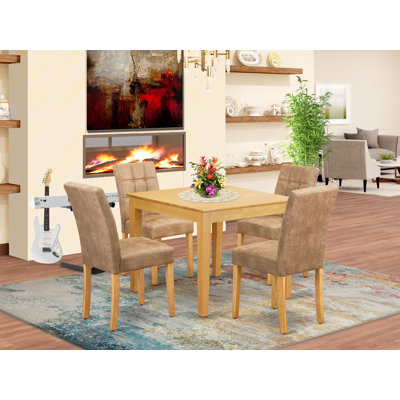 5 Piece Modern Dining Table Set consists A Mid Century Modern Table and 4 Brown Textured Polyester Fabric Modern Dining Chairs, Oak