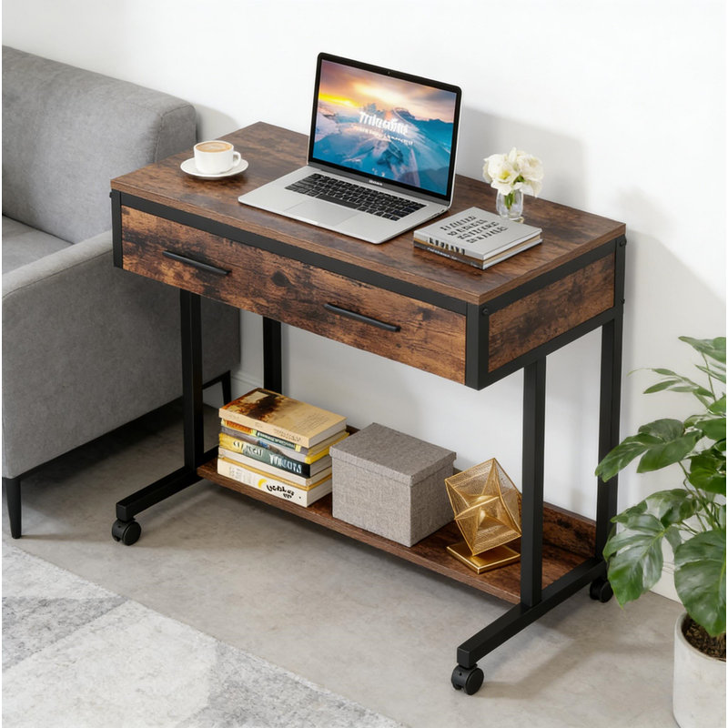 Table de bureau, bureau compact avec roulettes, bureau d'écriture à hauteur réglable, table basse mobile