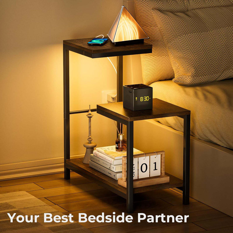 G-Shaped End Table - Small Side Table For Living Room, Bedside Table With Storage Shelf, Corner Tables For Small Spaces, Balcony, Couch, Bedroom, Rustic Brown