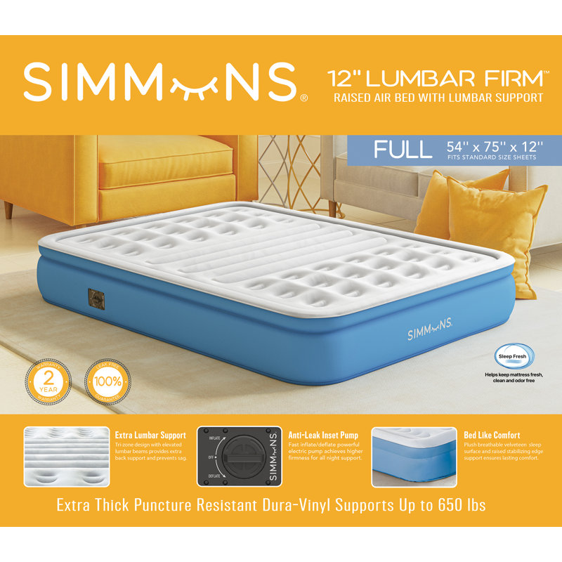 Simmons Lumbar Firm, 12" Tri-Zone Inflatable Air Mattress with Built-In Pump & Extra Lumbar Support, Full