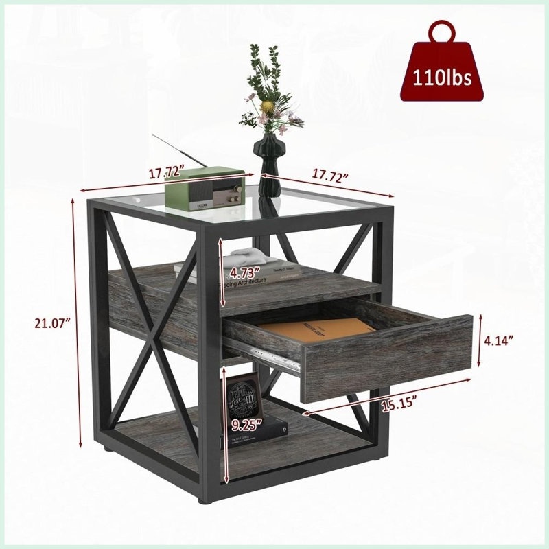 Table basse industrielle peu encombrante pour le salon / la chambre à coucher - Panneau de fibres à densité moyenne facile à nettoyer et amp; Verre trempé avec tiroir