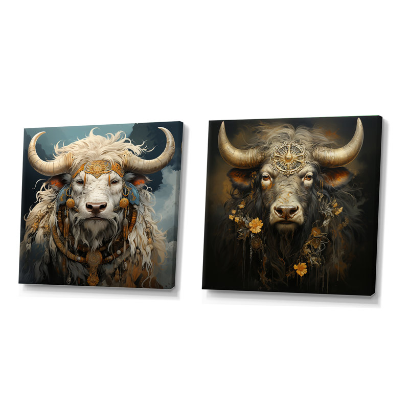 Silhouette baroque yak - animaux, ensemble de 2 collages carrés yak, Toile tendue, H 16 po x l 33 po