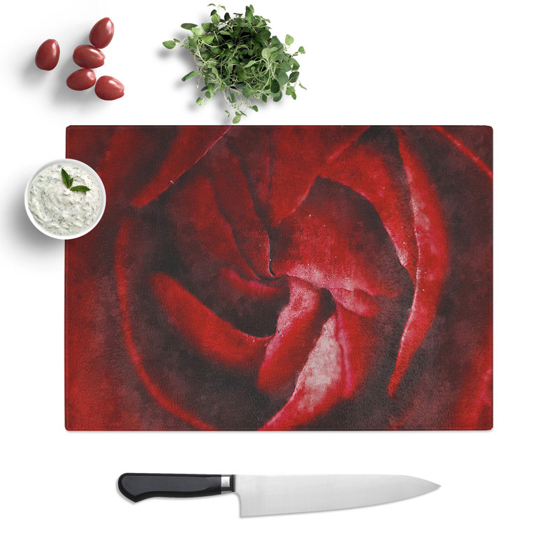 Tempered Glass Petals of Red Flower Chopping Board, 20 cm x 28.5 cm