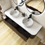 Meuble-lavabo mural rayé à rebords incurvés pré-assemblés avec lavabo, tiroir, lavabo en céramique blanche sans robinet, couleur grain de bois noyer foncé