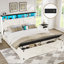 Lit Queen de style ferme en métal et bois avec porte coulissante de grange en X, tête de lit DEL RVB, station de recharge et pouf de rangement, blanc noyer-324743786-307448757