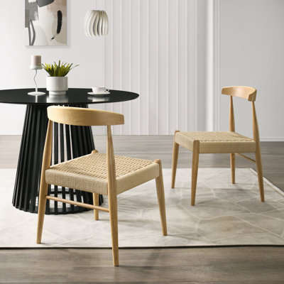Mid-Century Modern Dining Chairs, Natural Rubberwood Frame with Paper Rope Seat, Minimal Assembly, Stylish Chairs for Kitchen or Dining Room, Natural, Set of 2