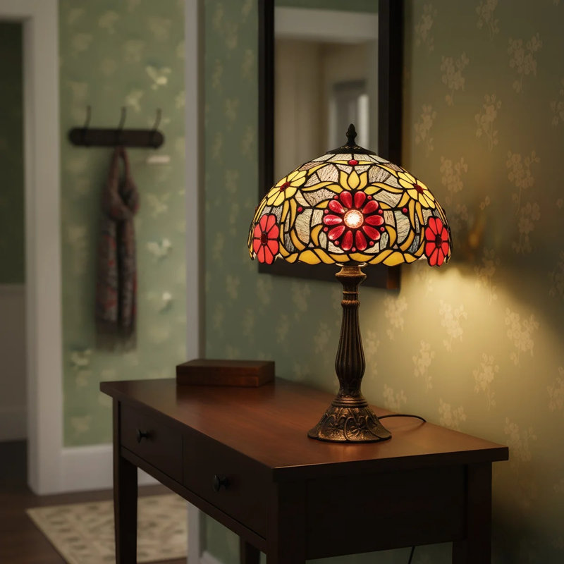 Lampe de table de style Tiffany Hantek, lampe florale rétro en verre coloré de 11,8 po avec base en métal, lampe de chevet E26 pour le salon de la chambre à coucher