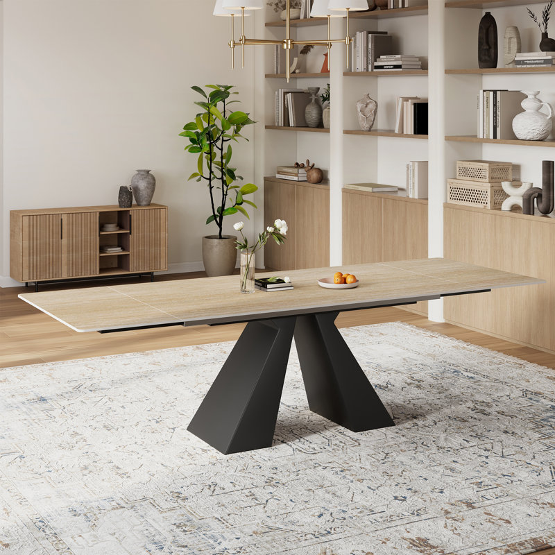 Table de salle à manger extensible de 63 à 94 po à 10 sièges en pierre frittée beige avec base en acier au carbone, grande table de salle à manger rectangulaire moderne pour la maison, la cuisine et le salon