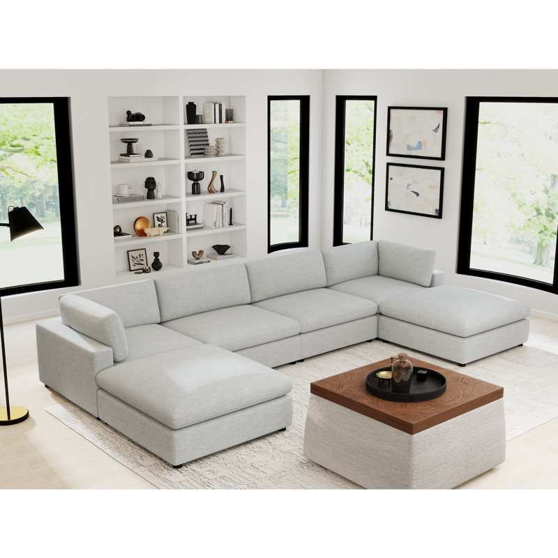 6-Piece Minimalist Modern Soft-Upholstered Sectional With Two Ottomans