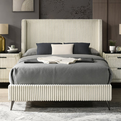 Grand lit crème - Revêtement en velours côtelé luxueux et large, tête de lit à oreilles élégante, style chambre à coucher moderne, 4 lattes en bois au design élégant, pour le soutien
