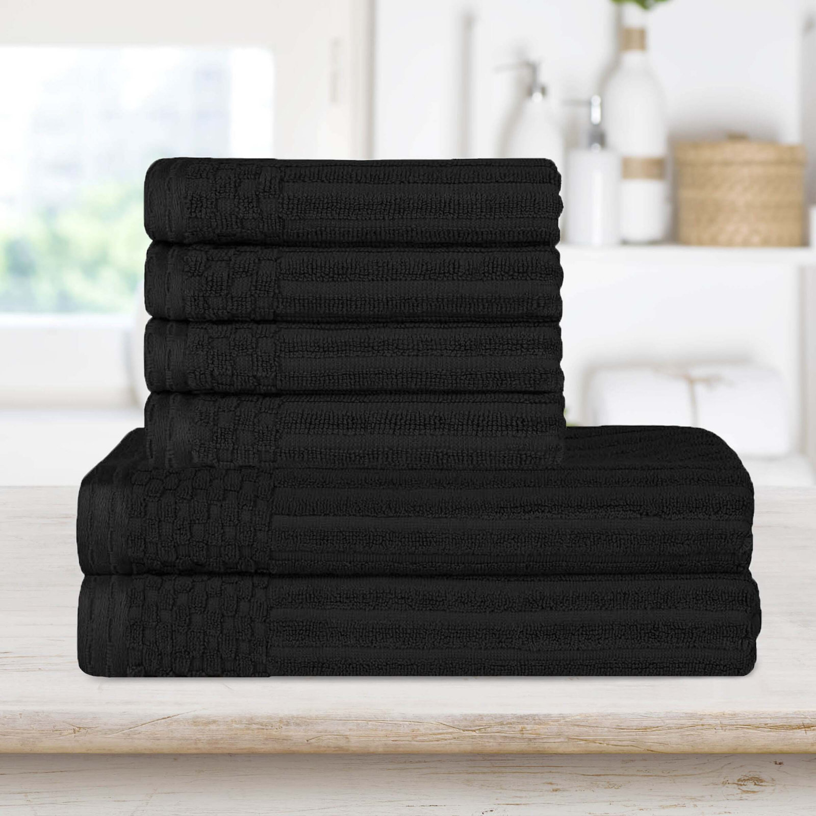 6-Piece Ribbed Cotton Towel Set, Black