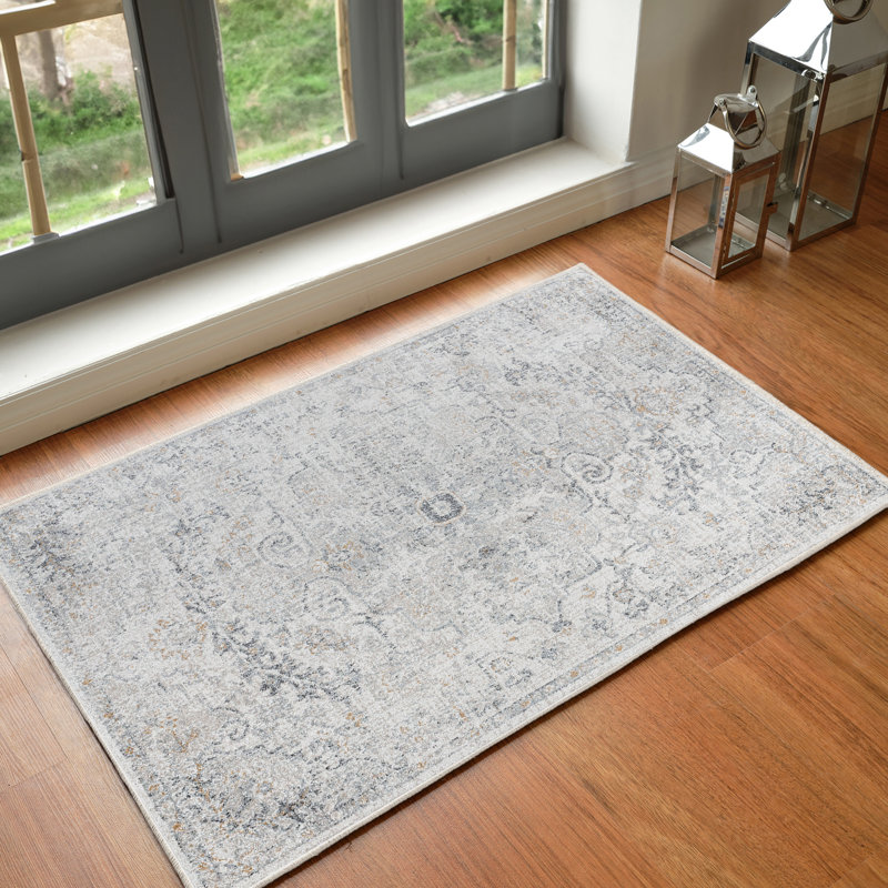 Grey Traditional Rug, Floral Stain Resistant Easy to Clean Rug For Living Room, Dining Room, Bedroom, Kitchen