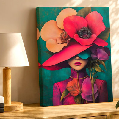 Impression sur toile mode femme chapeau glam, maquillage, portrait orange, œuvre d'art moderne pour le salon, la chambre à coucher, le bureau, le couloir et la galerie d'appartements, décoration de maison moderne